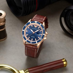 Beautiful blue dial leather strap watch